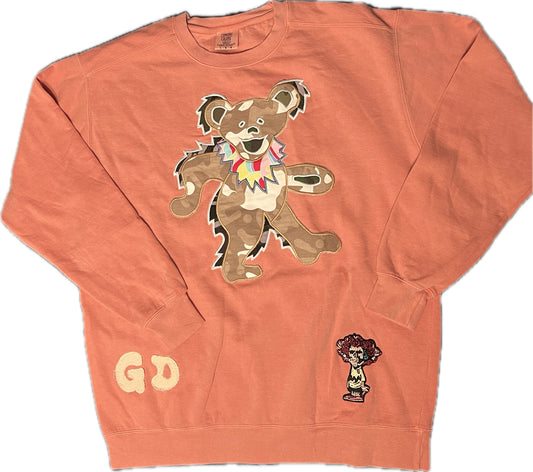 Size large crewneck with camo bear hand cut applique patch