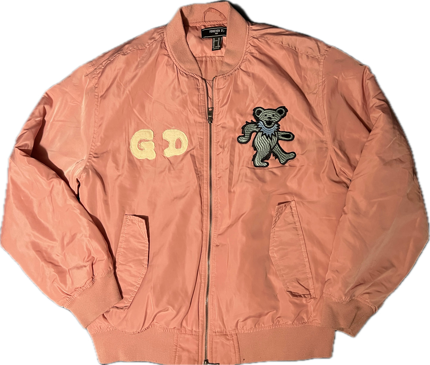Pink bomber jacket with stealie applique patch. Medium.
