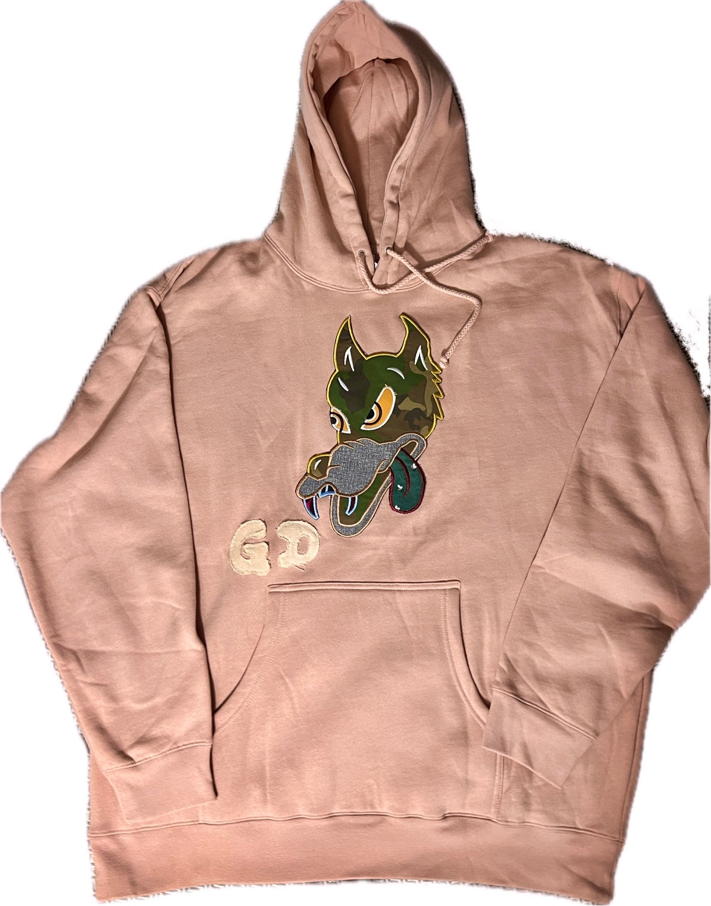 Size XL dusty rose hoodie with hand cut wolf applique