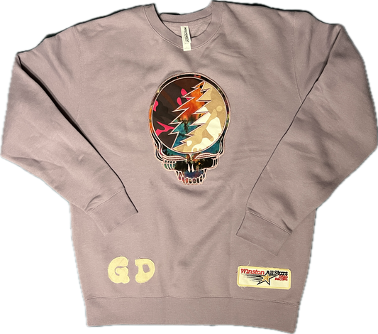 size Large lavender crewneck with stealie appliqué