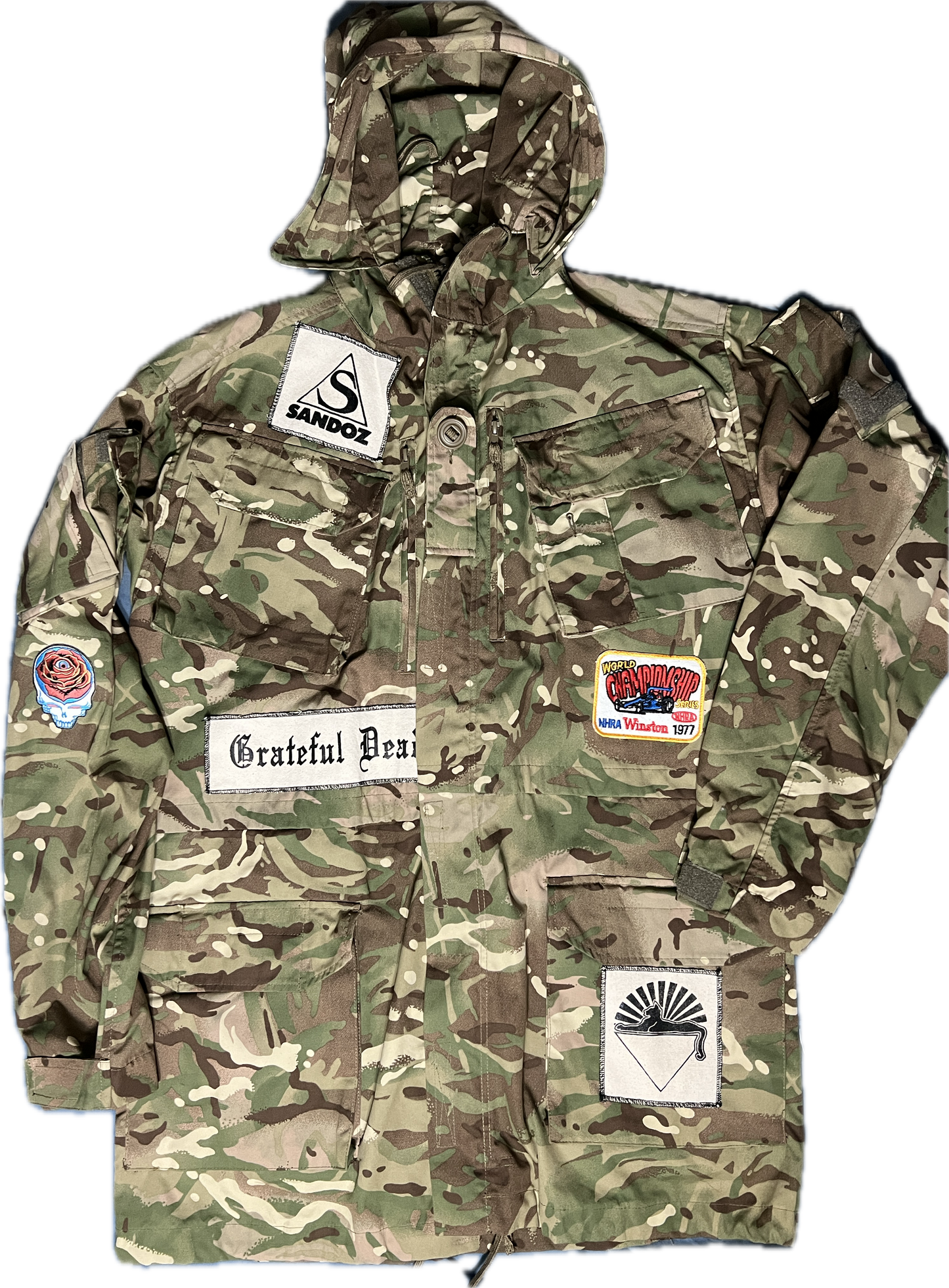 Nato-issued upcycled camo parka with patches