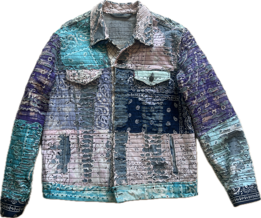 Boro style distressed denim jacket with bandanas