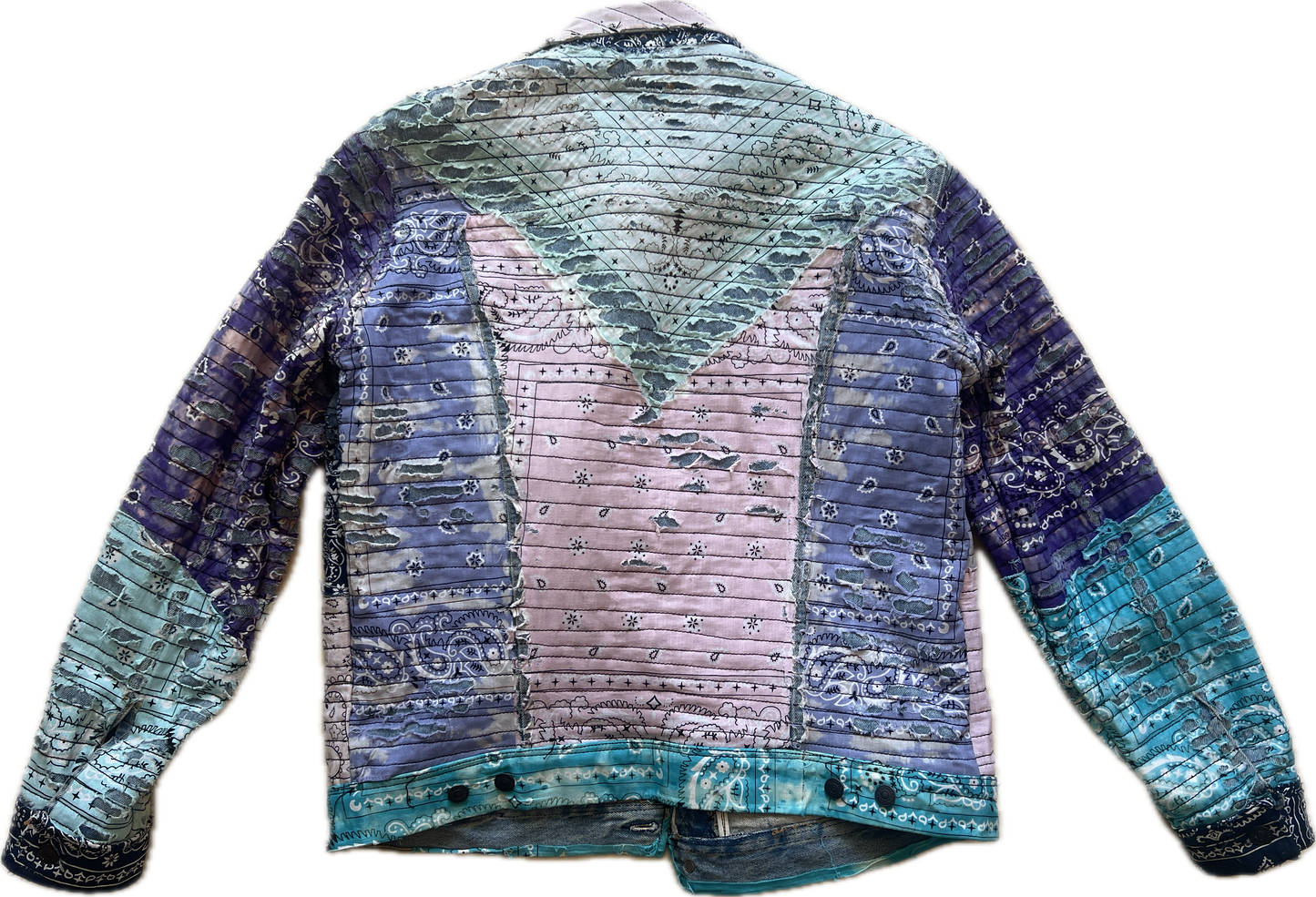 Boro style distressed denim jacket with bandanas
